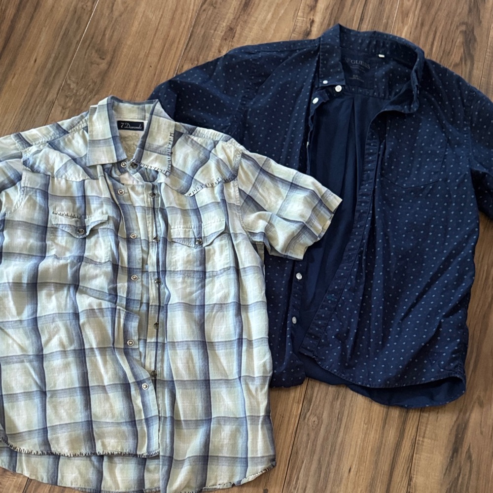 Guess Men’s Navy Dot & Light Blue Plaid Button-Down Shirts